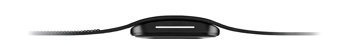 Side profile view of a hume band 2.0  with a curved display and a thin black strap, centered on a light gray background. The watch face appears ultra-thin with a minimalist design and a narrow horizontal white indicator on the screen. 