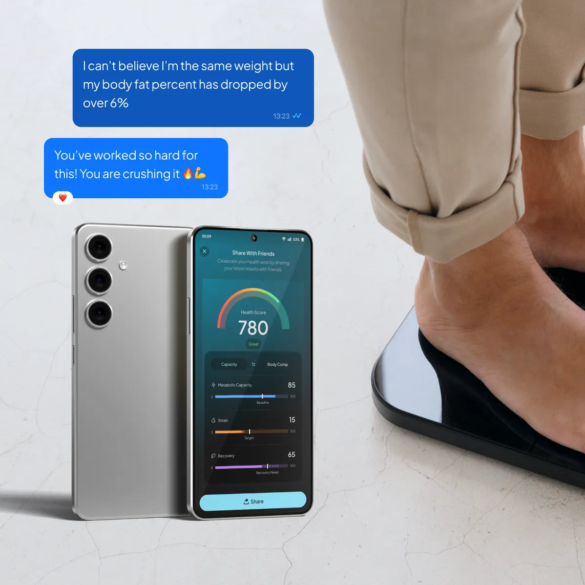 Person standing on Hume Body Pod scale with smartphone displaying health score and body composition metrics, alongside messages showing fat loss progress and motivation.